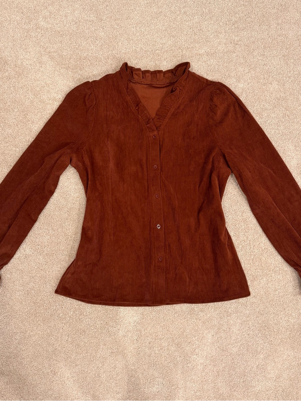 Women's Ruffle Trim Balloon sleeve Button Front Top Large burnt orange brown NEW